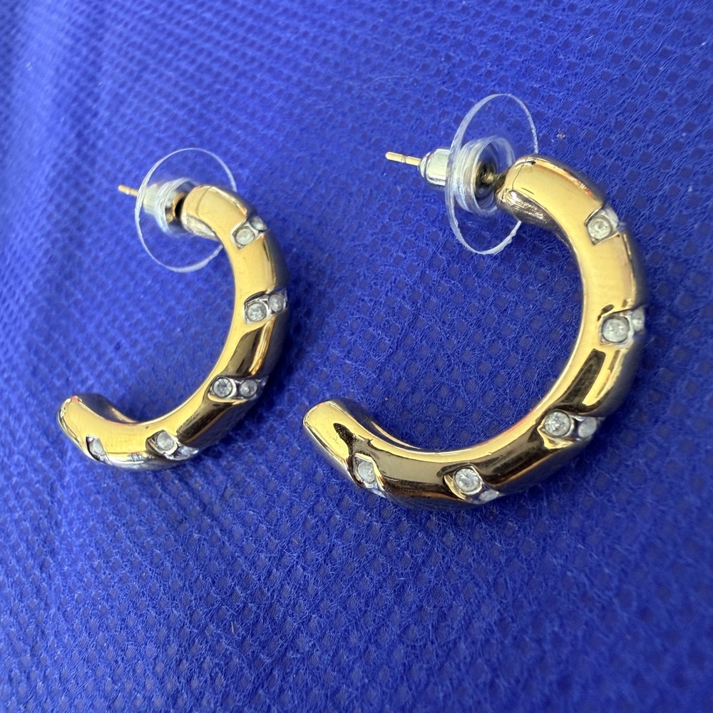 Vtg Swarovski Gold Tone Rhinestone Hoop Earrings 1" Round Chunky Statement Boho